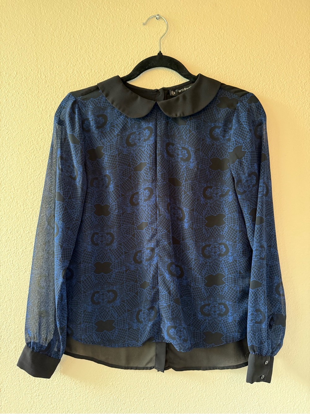 W118 by Walter Baker Navy & Black Sheer Patterned Peter Pan Collar Blouse